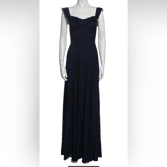 Reformation Verbana navy blue square neck off shoulder ruffle evening gown dress - Picture 2 of 8